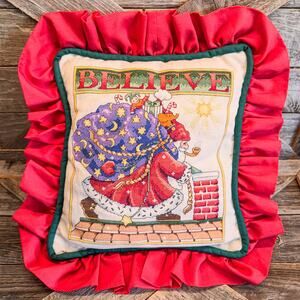 Vintage Mary Engelbreit BELIEVE Santa Cross-Stitch Pillow w/ Red Ruffled Edges